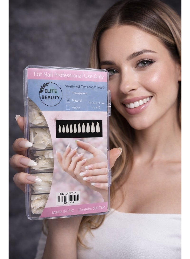 Elite Beauty Stiletto Nail Tips – Long Pointed Natural | 500 Professional Tips - Image 1